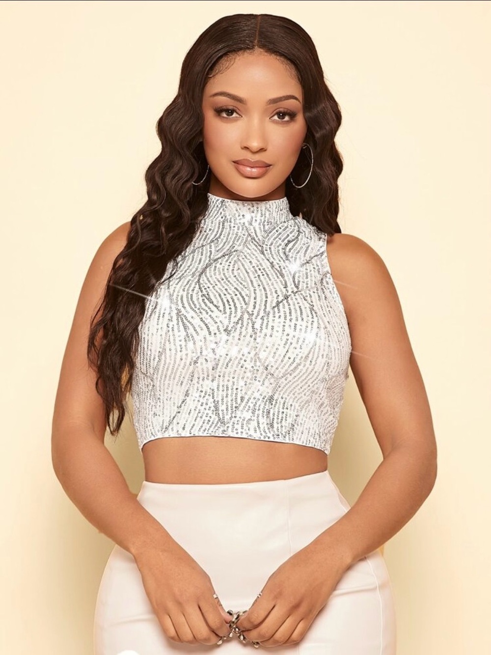 SHEIN White Sequin High-Neck Crop Top